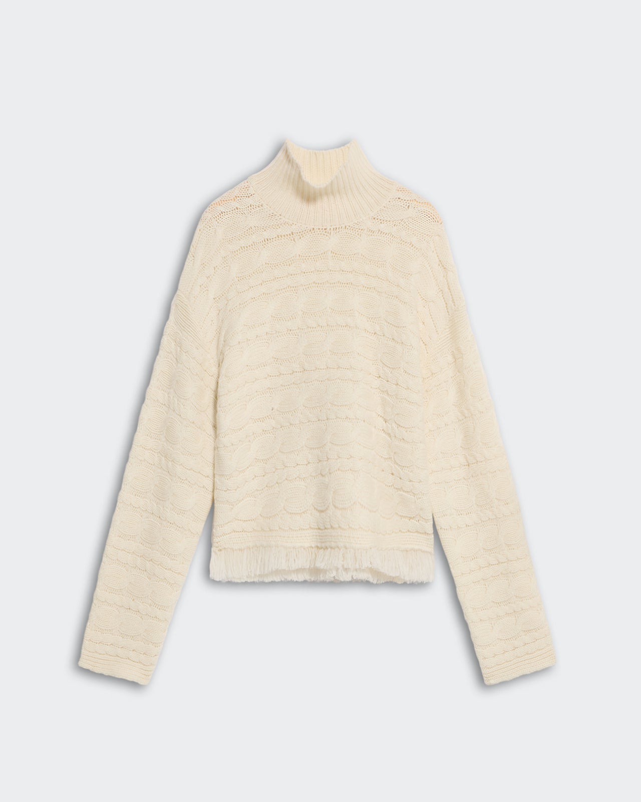 Cropped Cable Turtleneck Cream sweater with heavy-weight wool cashmere blend and rib collar on soft background