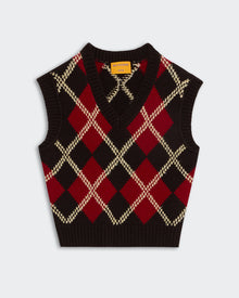 Argyle Vest - Burnt Cocoa Combo with red, cream, and brown diamond pattern, sleeveless knitwear for layering and style.