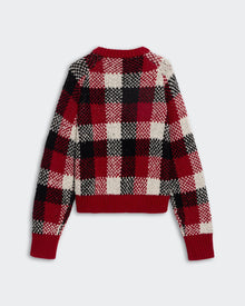 Buffalo Plaid Cardigan - Ruby Combo showing red, black, and white checkered pattern with long sleeves and ribbed cuffs.