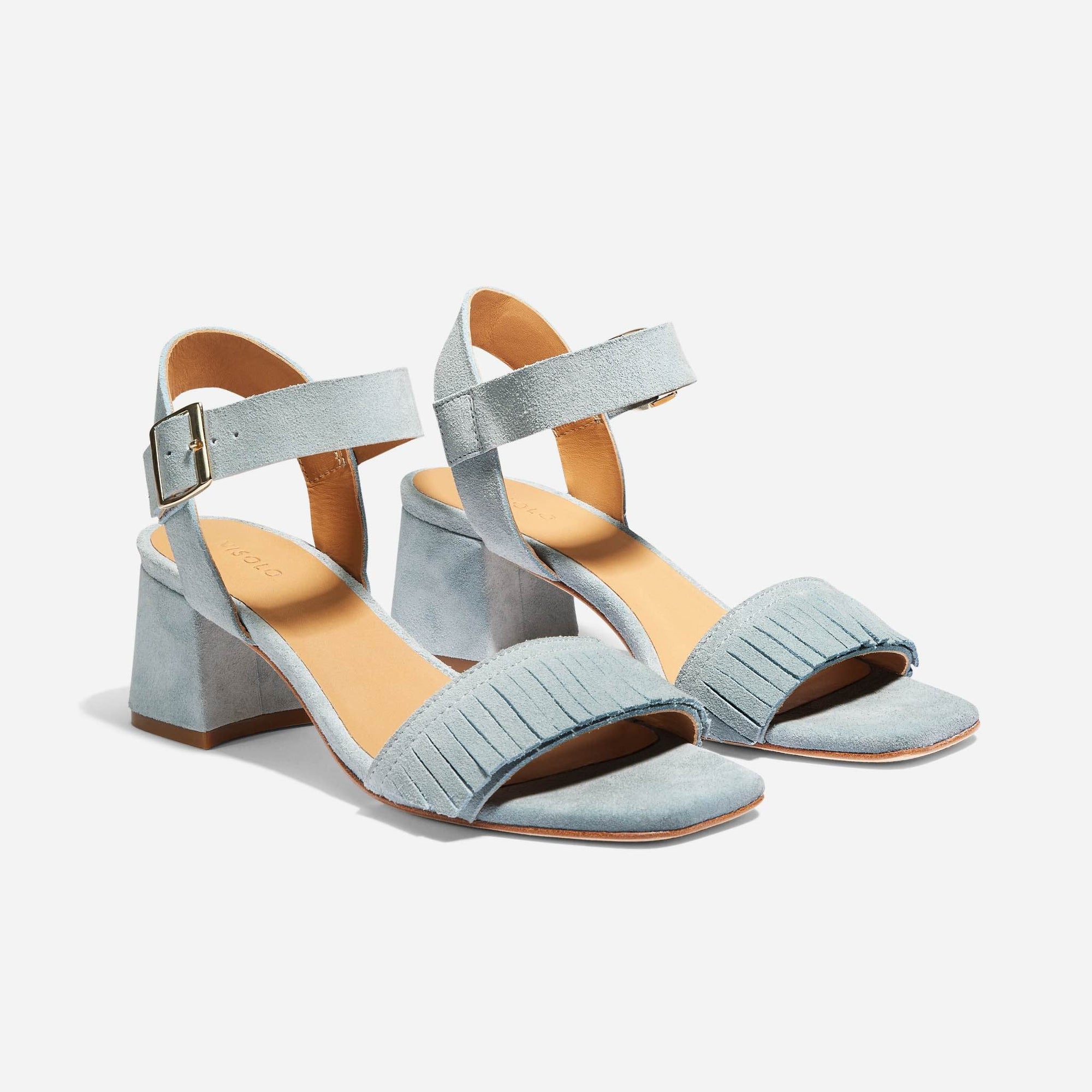 Womens | Stella Fringe Heel Sandal | Dusty Blue Suede