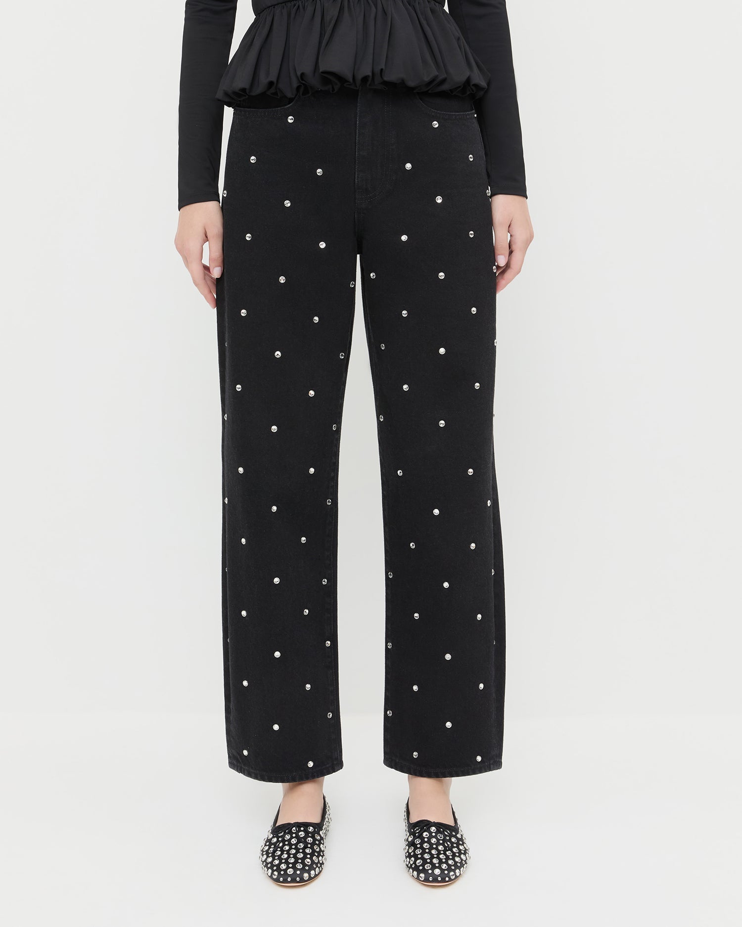 Winona Denim Pant in black denim with crystal accents all over, Posie Peplum Top in black jersey, and Landon Black/Crystal Ballet Flat.