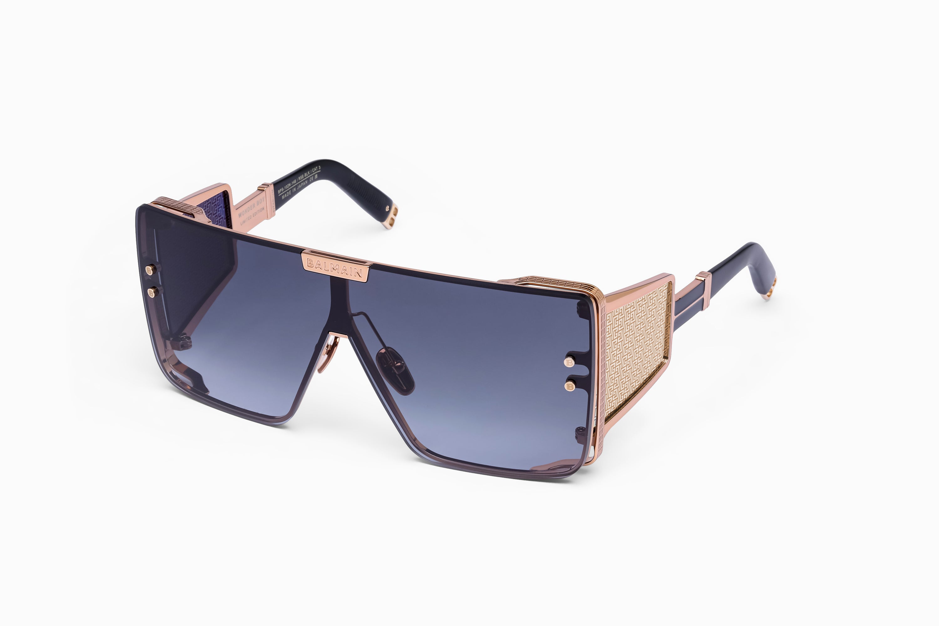 Unisex | Wonder Boy Sunglass | Rose Gold - Black - Side Lens w /PB Pattern | Dark Grey Gradient