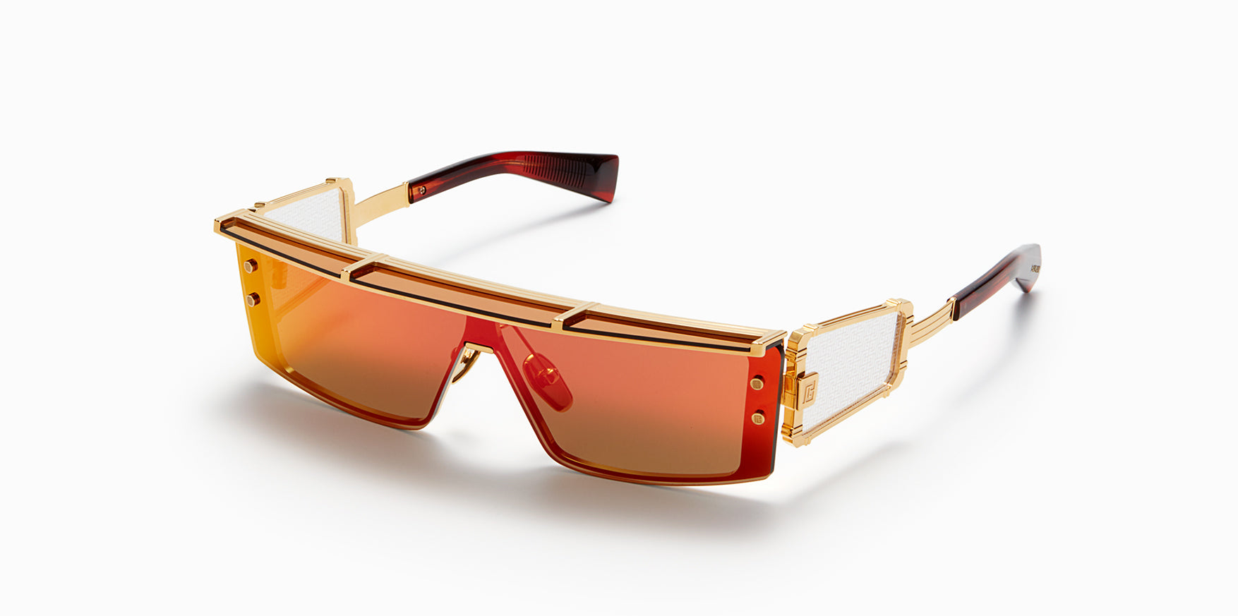 Unisex | Wonder Boy - III Sunglass | Gold - Red Swirl - Side Lens w /PB pattern | Dark Brown w/ Red Mirror