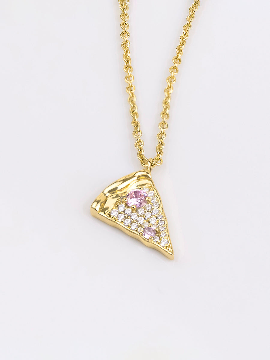 Pizza Slice Necklace | 5A Grade Cubic Zirconia | 14K Gold Plated Brass