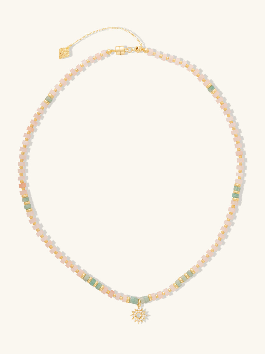 Sun Hues Beaded Necklace | Pink Opal/Amazonite/5A Grade Cubic Zirconia | 14K Gold Plated Brass