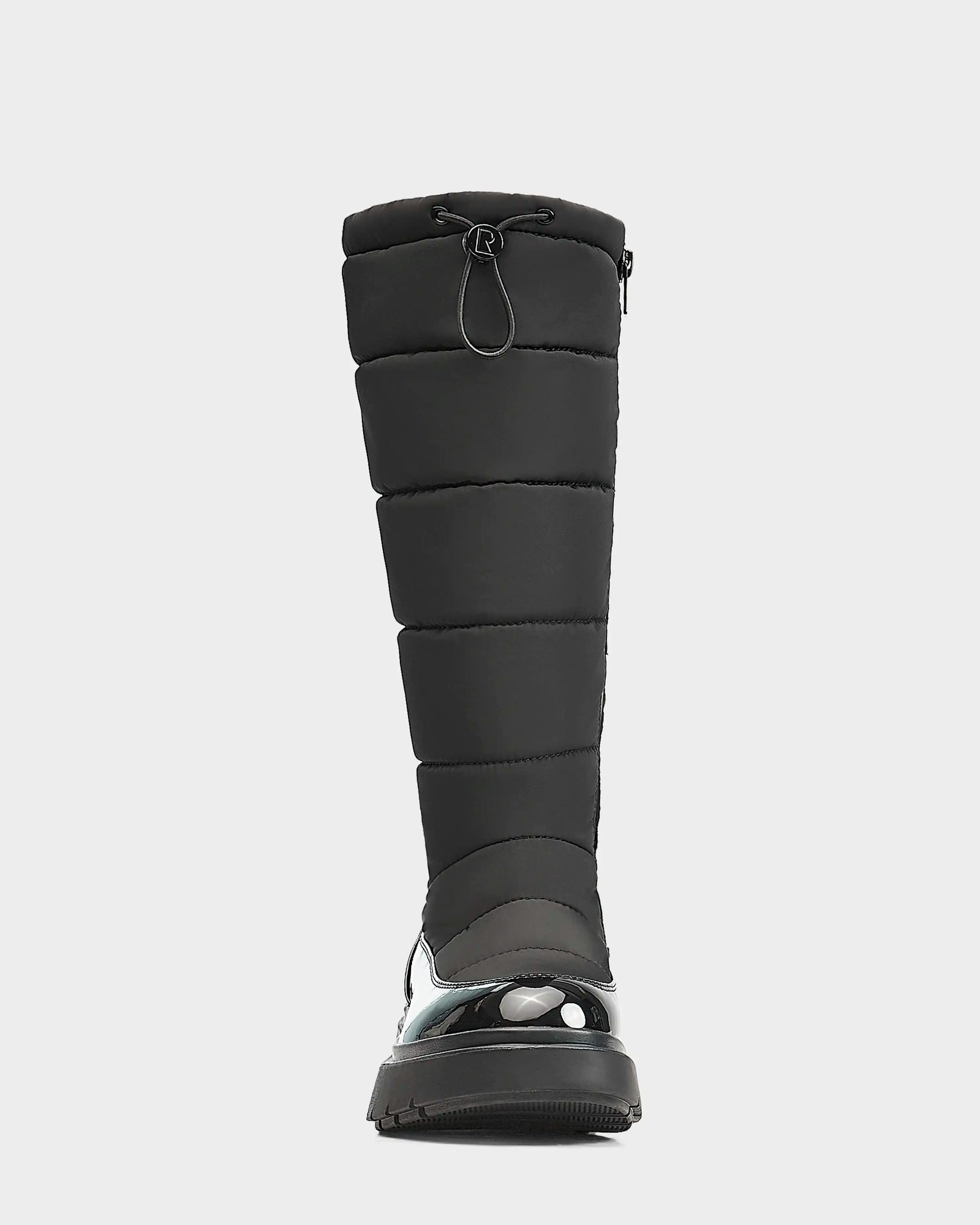 Front view of the Rudsak CLAUDE - L223506 Black women’s tall quilted winter boot, featuring a shiny waterproof lower, padded shaft with drawstring closure, and thick rubber sole for ultimate winter protection.