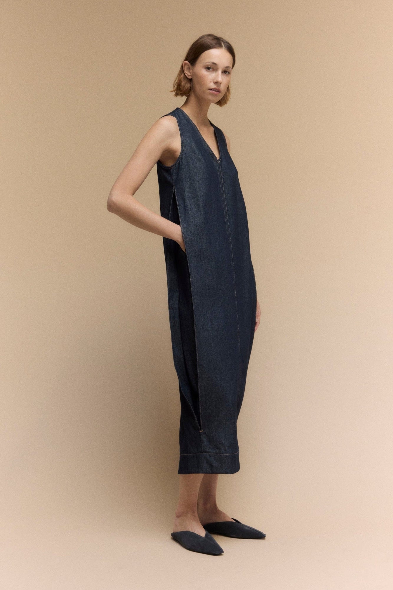 Mali  |  Yusra Side-Pleat Dome Denim Dress in Size Small