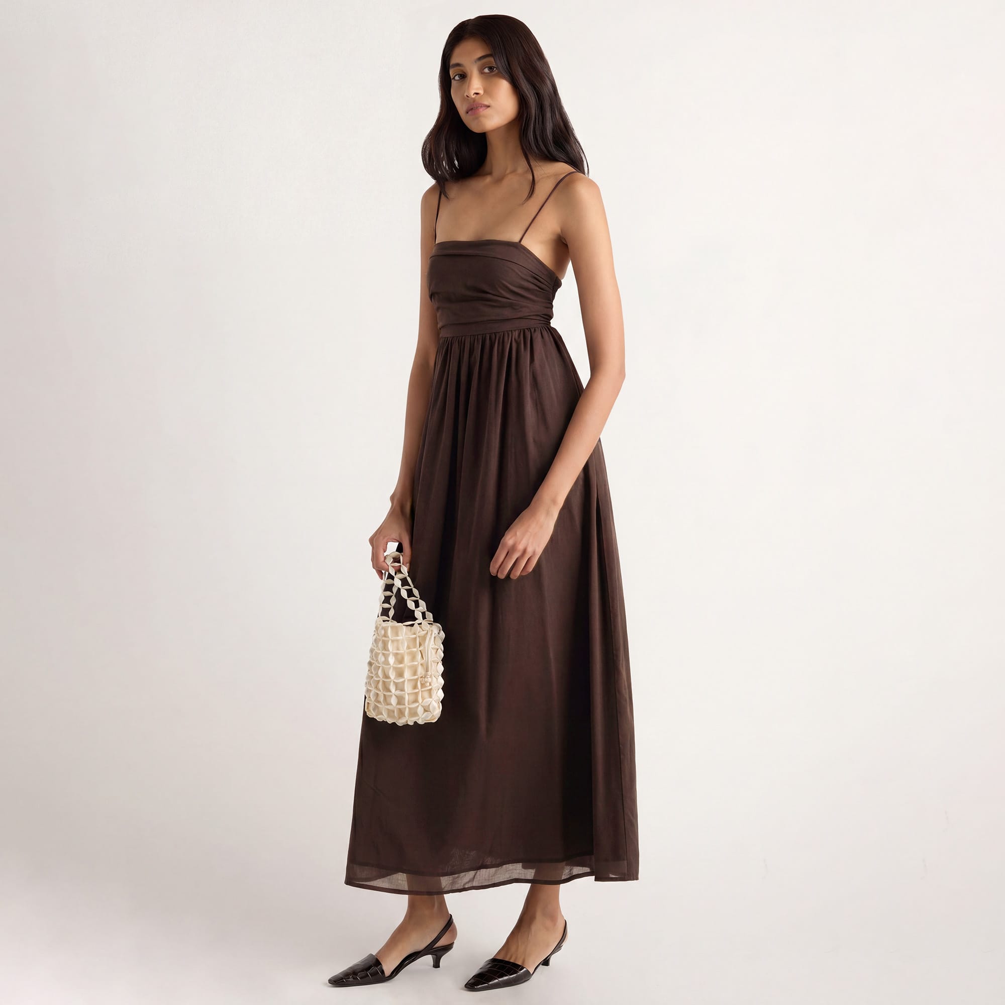 Arya | Aurora Ruched Organic Cotton Maxi Dress in Size Small