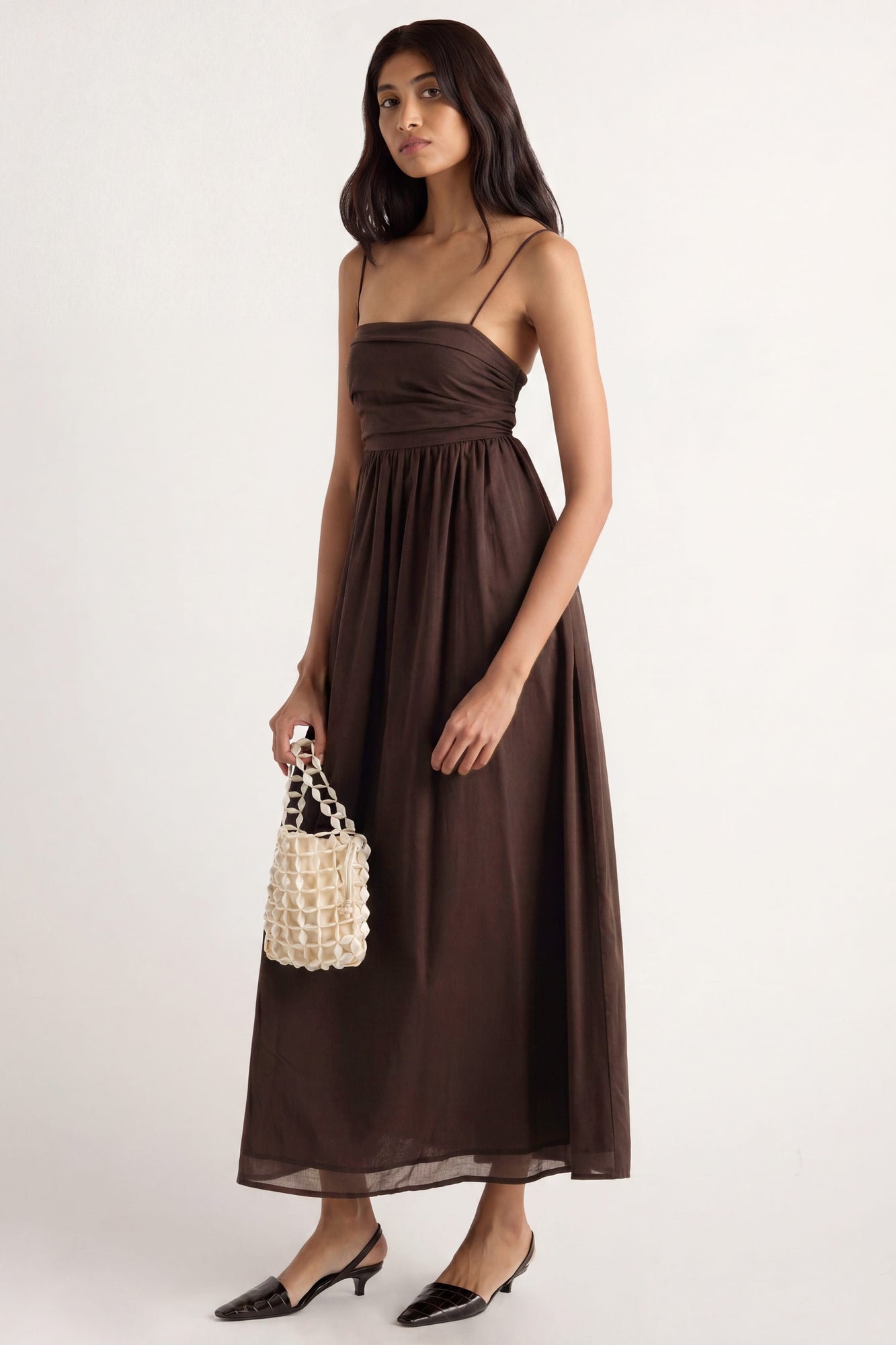 Arya | Aurora Ruched Organic Cotton Maxi Dress in Size Small