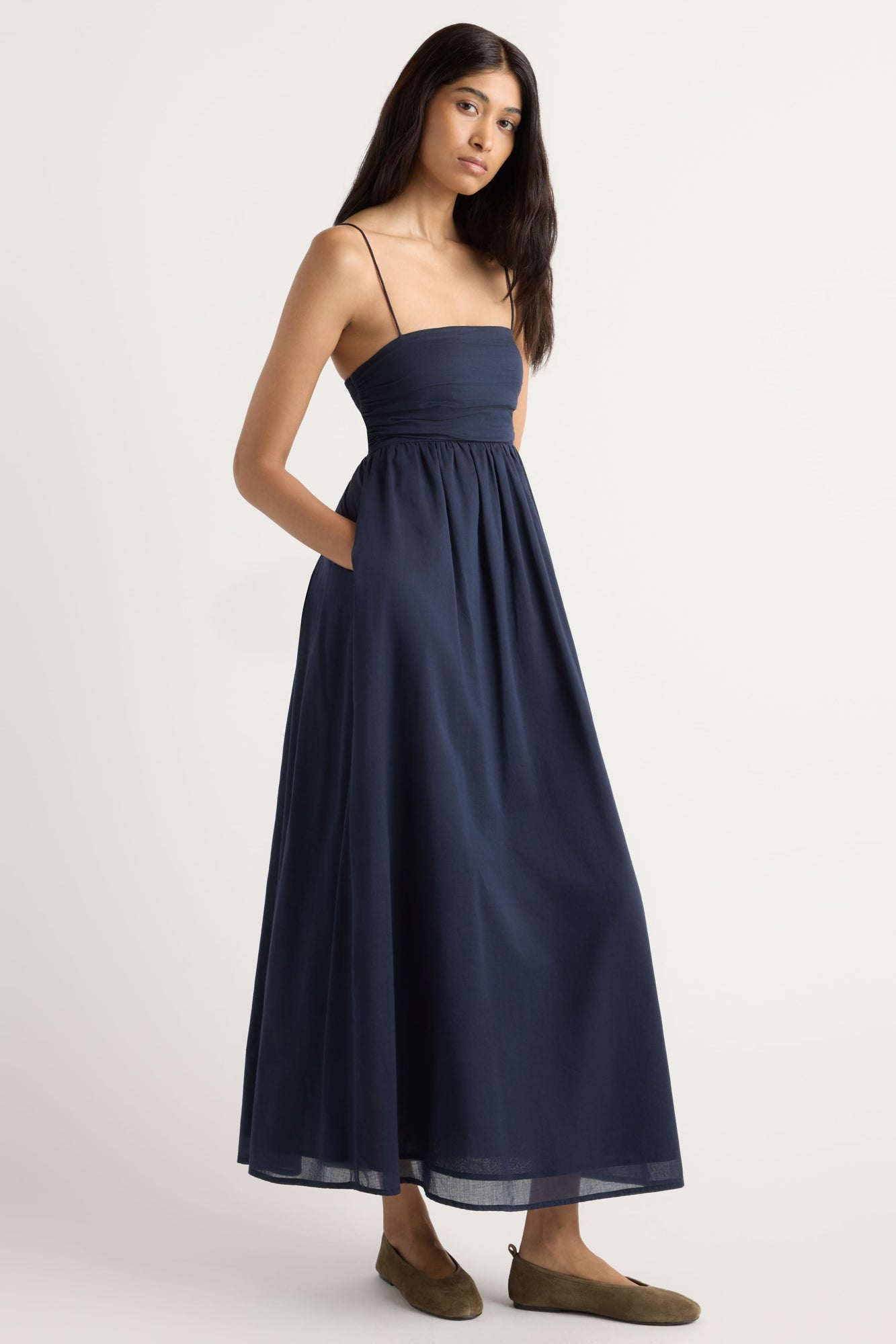 Arya | Aurora Ruched Organic Cotton Maxi Dress in Size Small