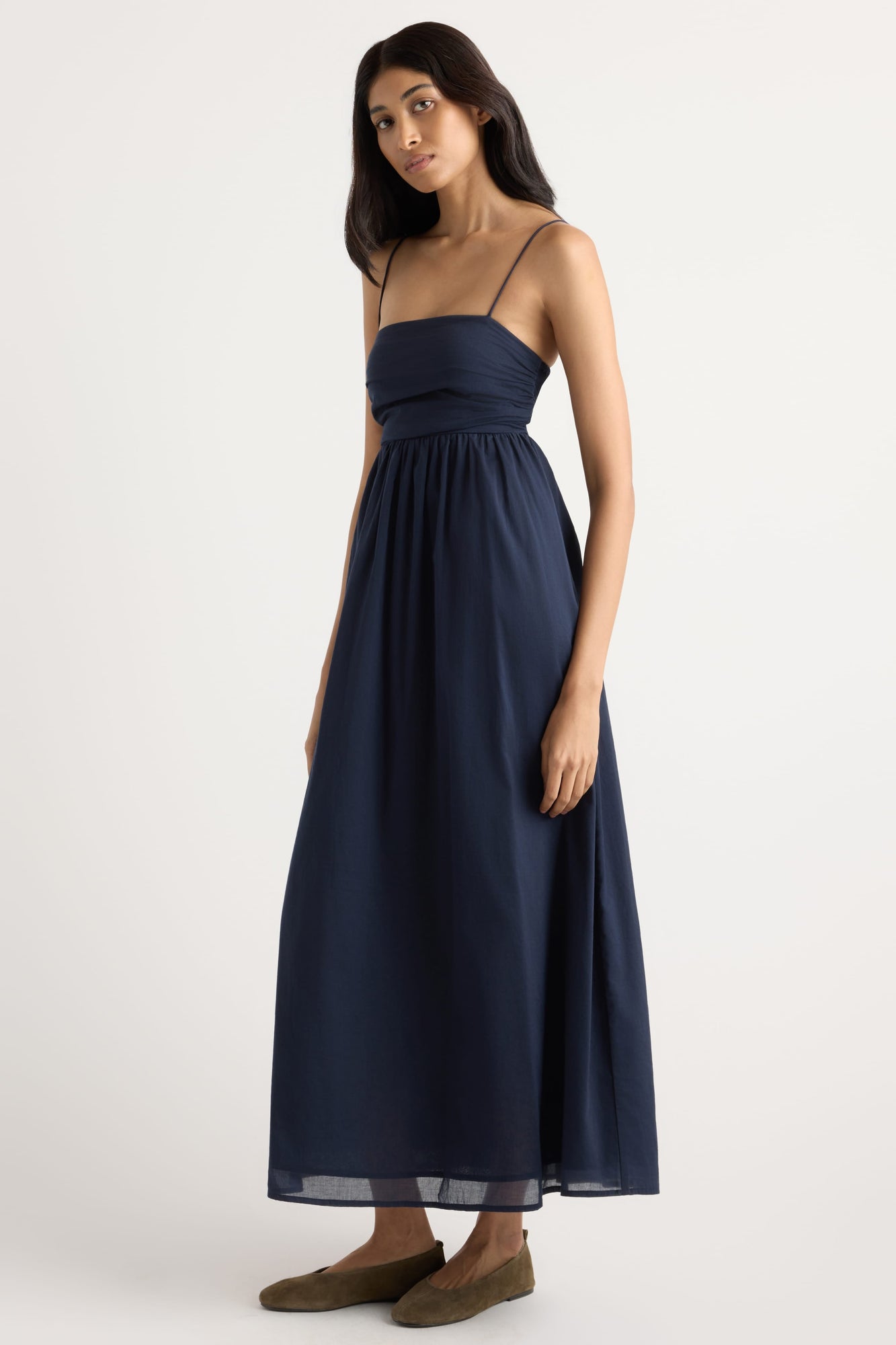Arya | Aurora Ruched Organic Cotton Maxi Dress in Size Small