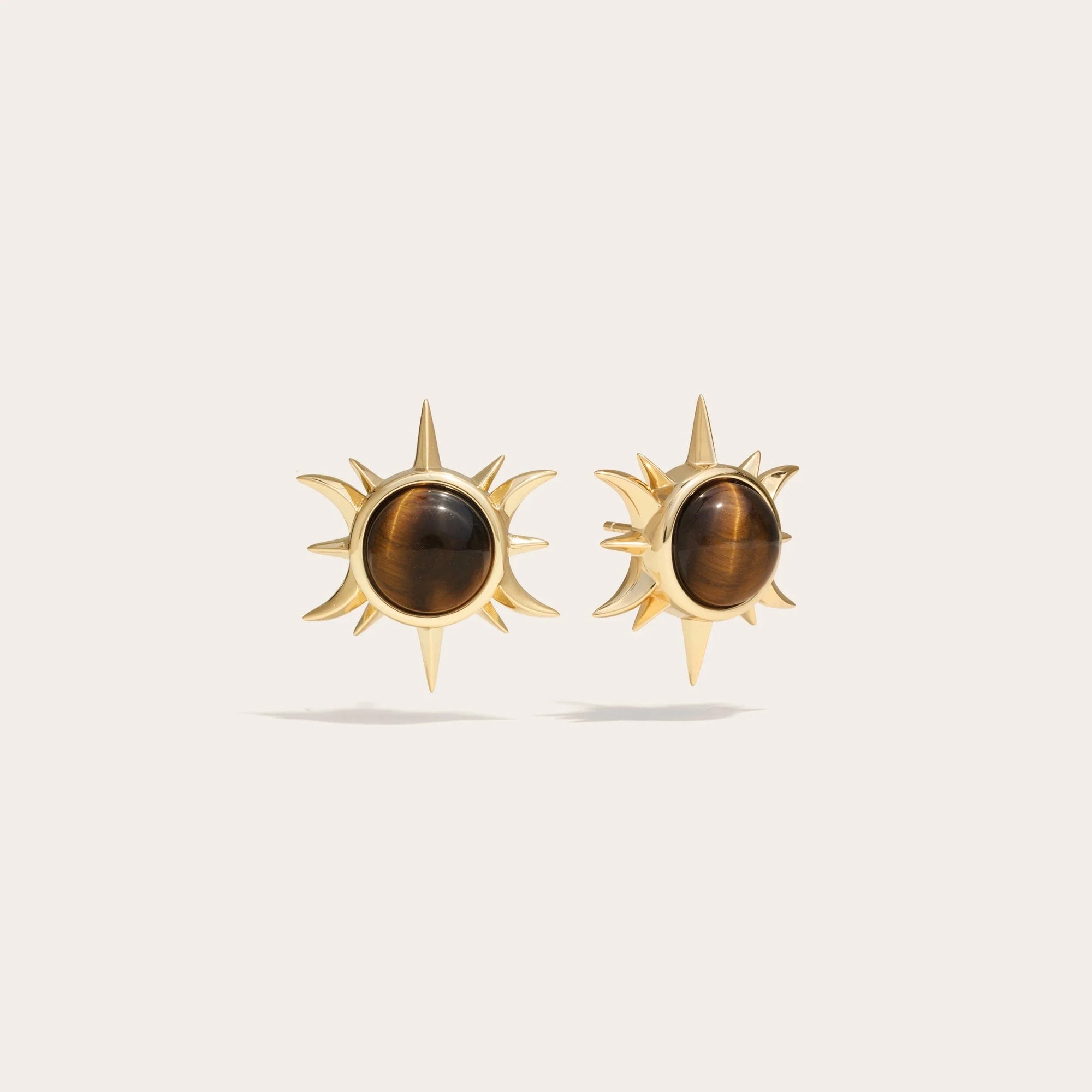 Tiger's Eye Triple Moon Studs | 14K Yellow Gold Vermeil