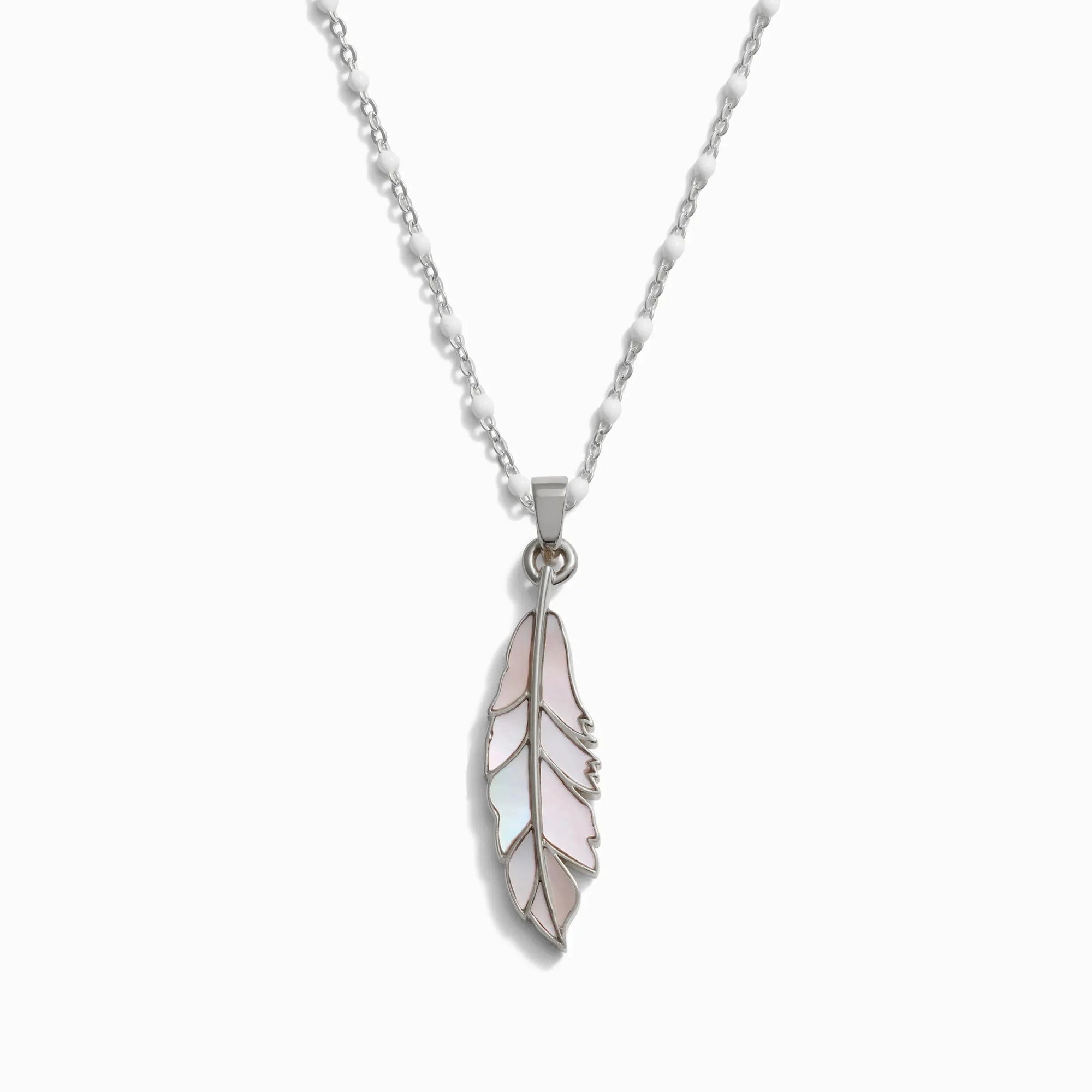 Mother of Pearl Feather White Enamel Necklace | Sterling Silver