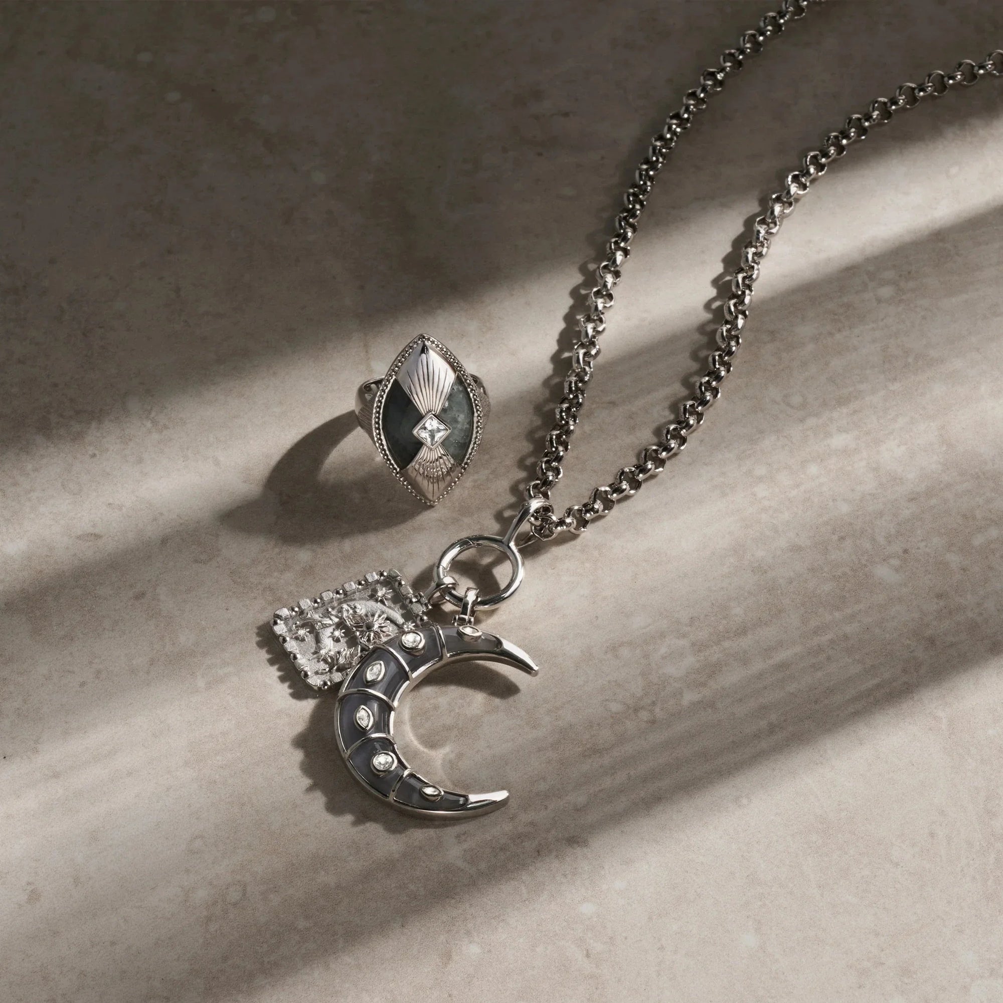 Long Mystic Moon Charm Necklace | Sterling Silver
