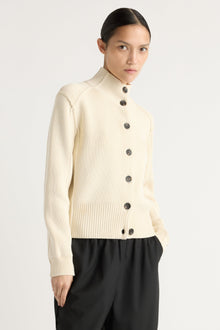 Charlotte | Clove Button Mock-Neck Knit Cardigan in Size Small