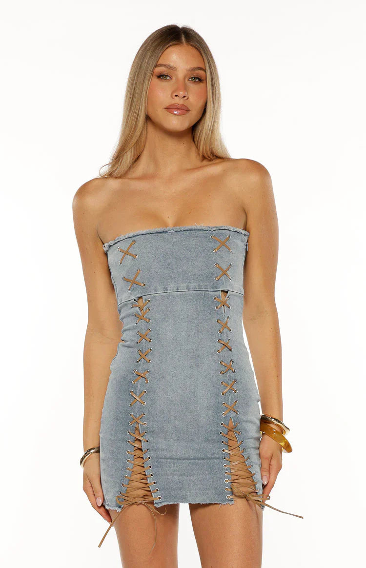 Danica Denim Lace Up Strapless Mini Dress | Light Wash