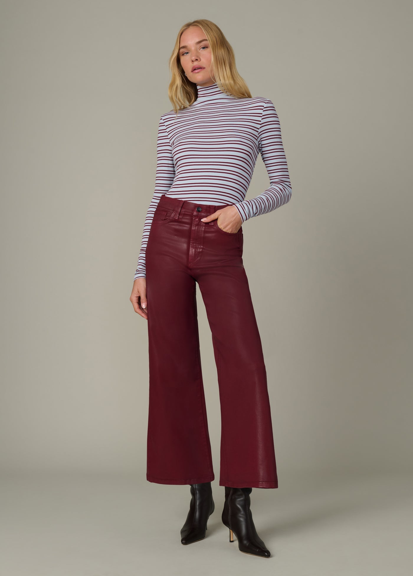 The Mia Wide Leg Ankle Coated in Syrah – trendy high rise wide leg jeans with a coated finish.