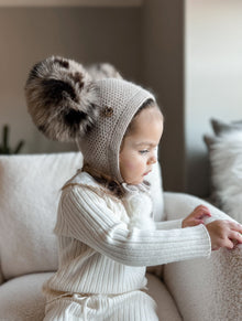 Baby Unisex | Honeycomb Cashmere Bonnet with Animal Print Poms | Beige