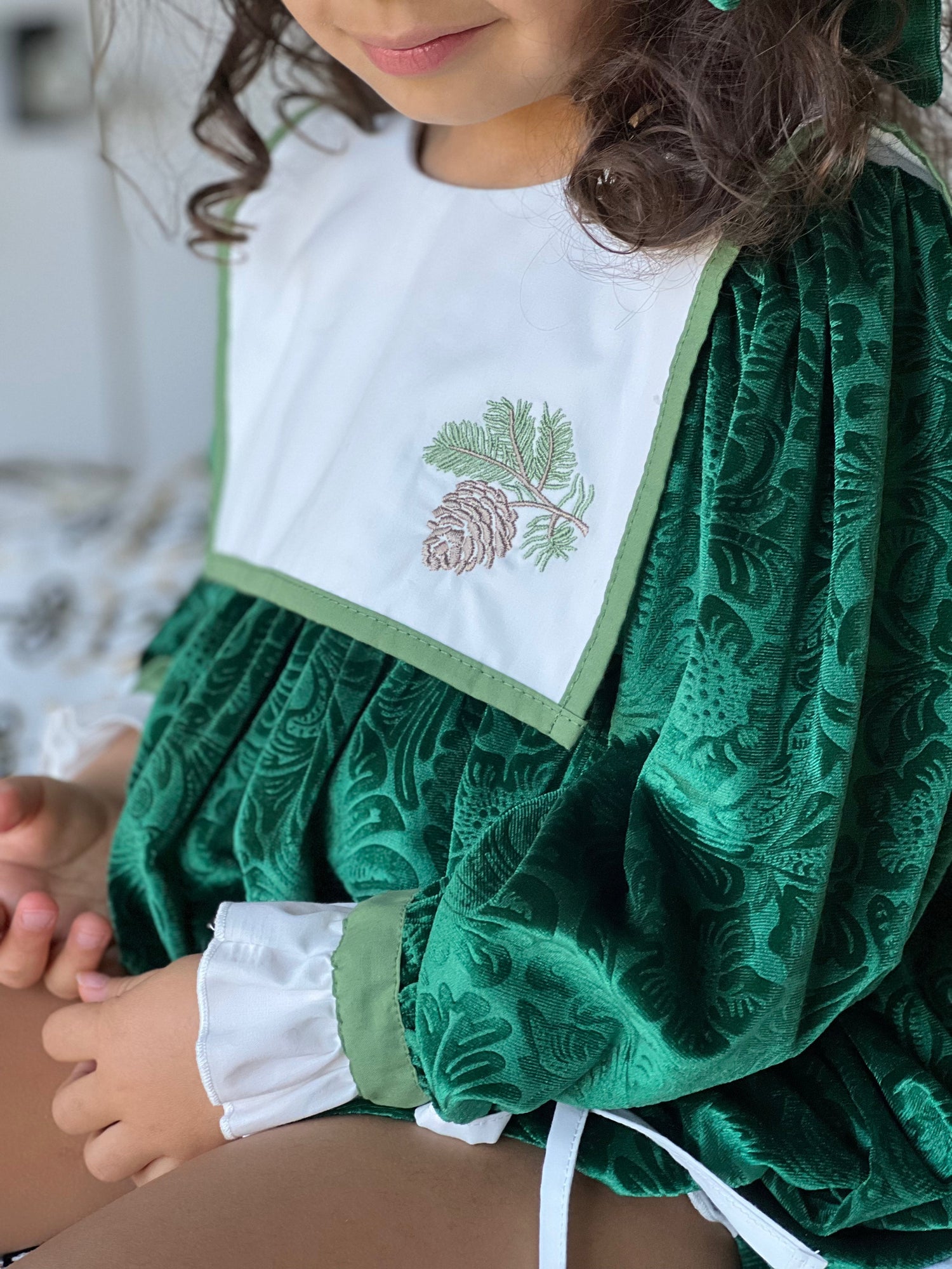 Baby Girls | Everly Damask Velour Romper | Green