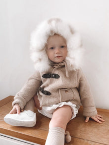 Baby Unisex | Honeycomb Cashmere Pram Coat with Print Trim | Beige & White