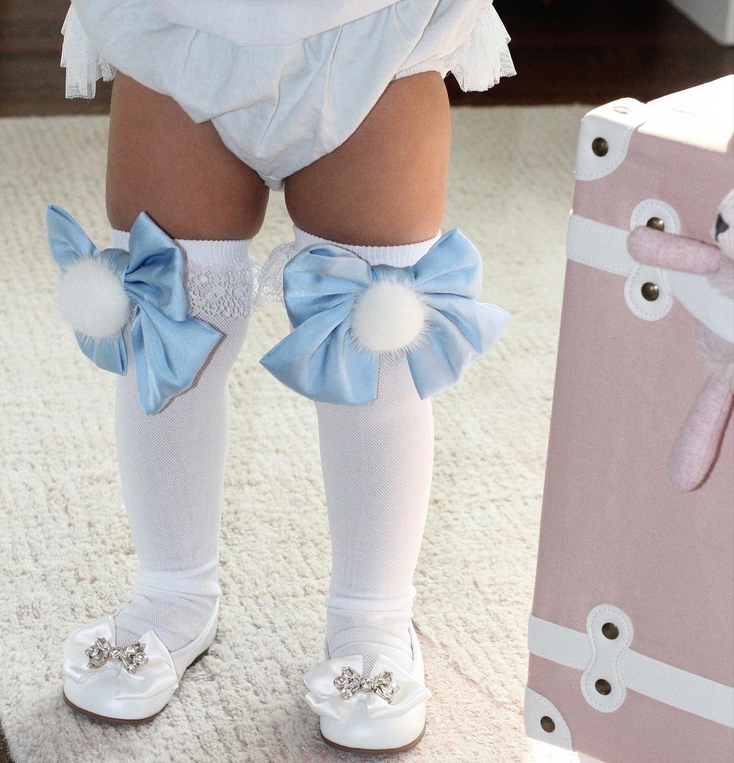 Lana Ruffle Socks with Poms and Bows Bow | Baby Blue