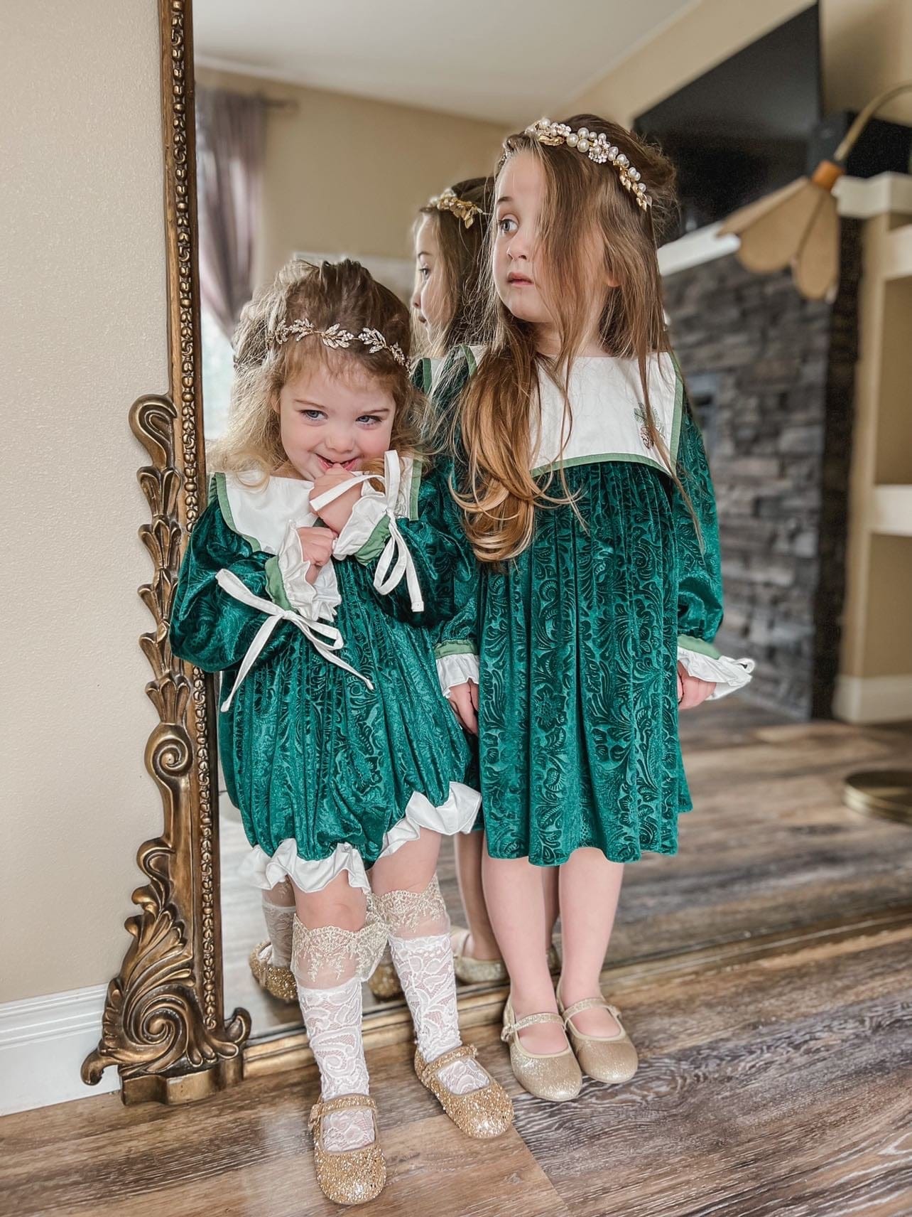 Baby Girls | Everly Damask Velour Romper | Green