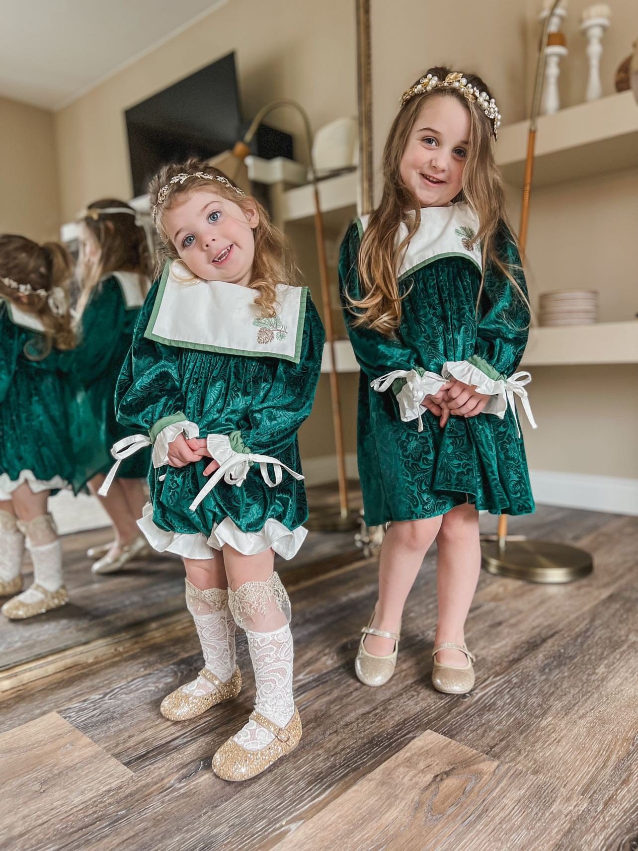 Baby Girls | Everly Damask Velour Romper | Green