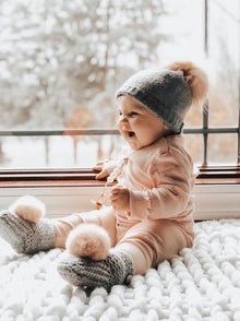 Angora Pom Pom Booties With Pom | Grey & Pink