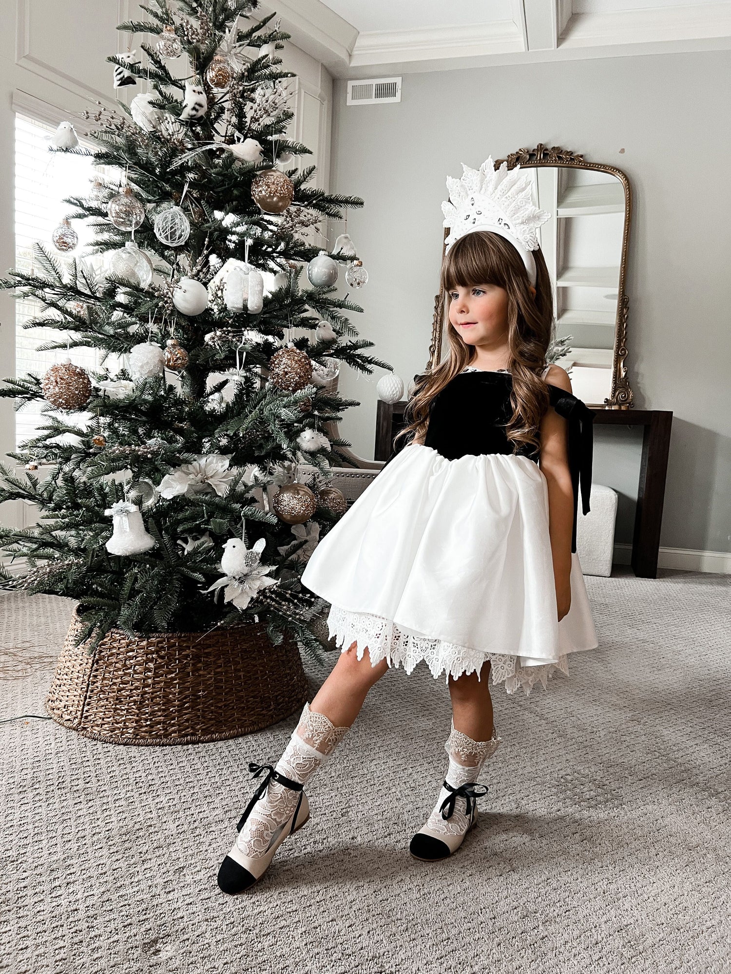 Baby Girls | Audrey Velour Top and Sateen Dress | Black & White