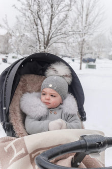 Baby Unisex | Honeycomb Cashmere Beanie Hats Print Pom | Grey & White