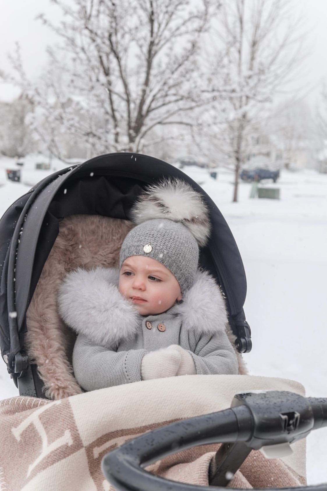 Baby Unisex | Honeycomb Cashmere Beanie Hats Print Pom | Grey & White