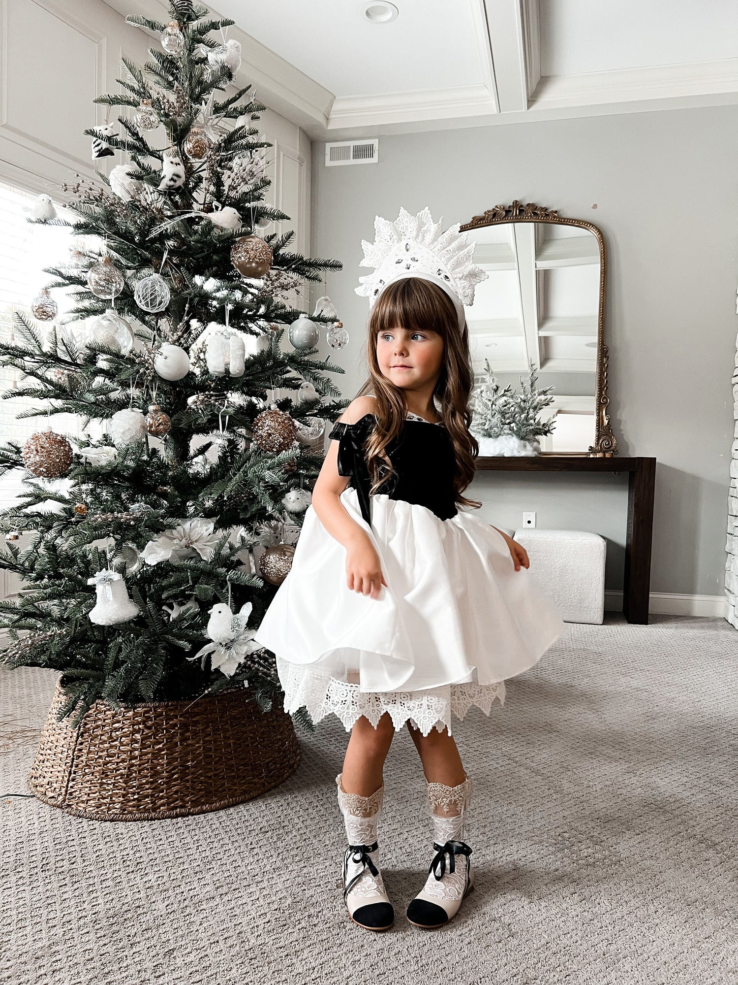 Baby Girls | Audrey Velour Top and Sateen Dress | Black & White