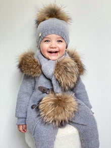 Baby Unisex | Honeycomb Cashmere Beanie Hats Pom | Grey & Natural