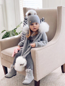 Baby Unisex | Honeycomb Cashmere Beanie Hats Print Pom | Grey & White