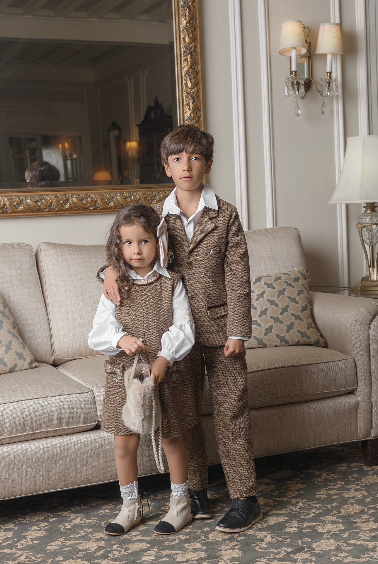 Baby Girls | Herringbone Dress and Blouse Set | Brown