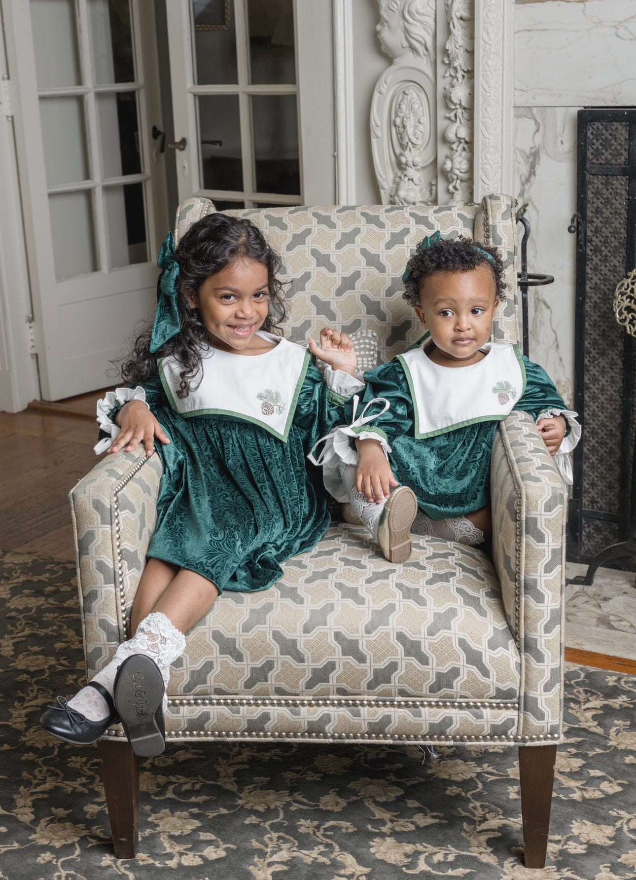 Baby Girls | Everly Damask Velour Romper | Green