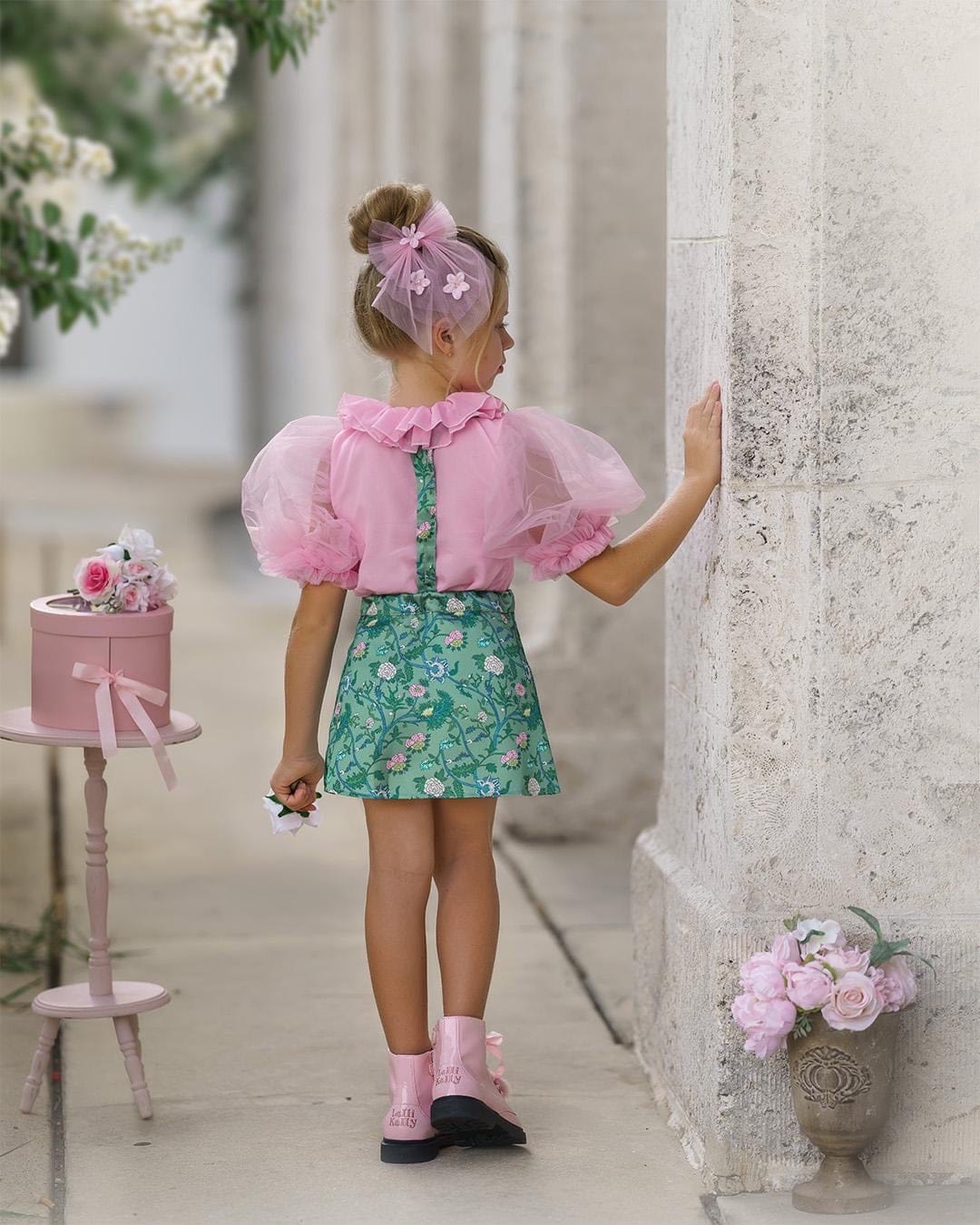 Baby Girls | Eva Skirt and Blouse and Floral Tulle Set | Pink & Green