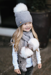 Baby Unisex | Honeycomb Cashmere Beanie Hats Print Pom | Grey & White