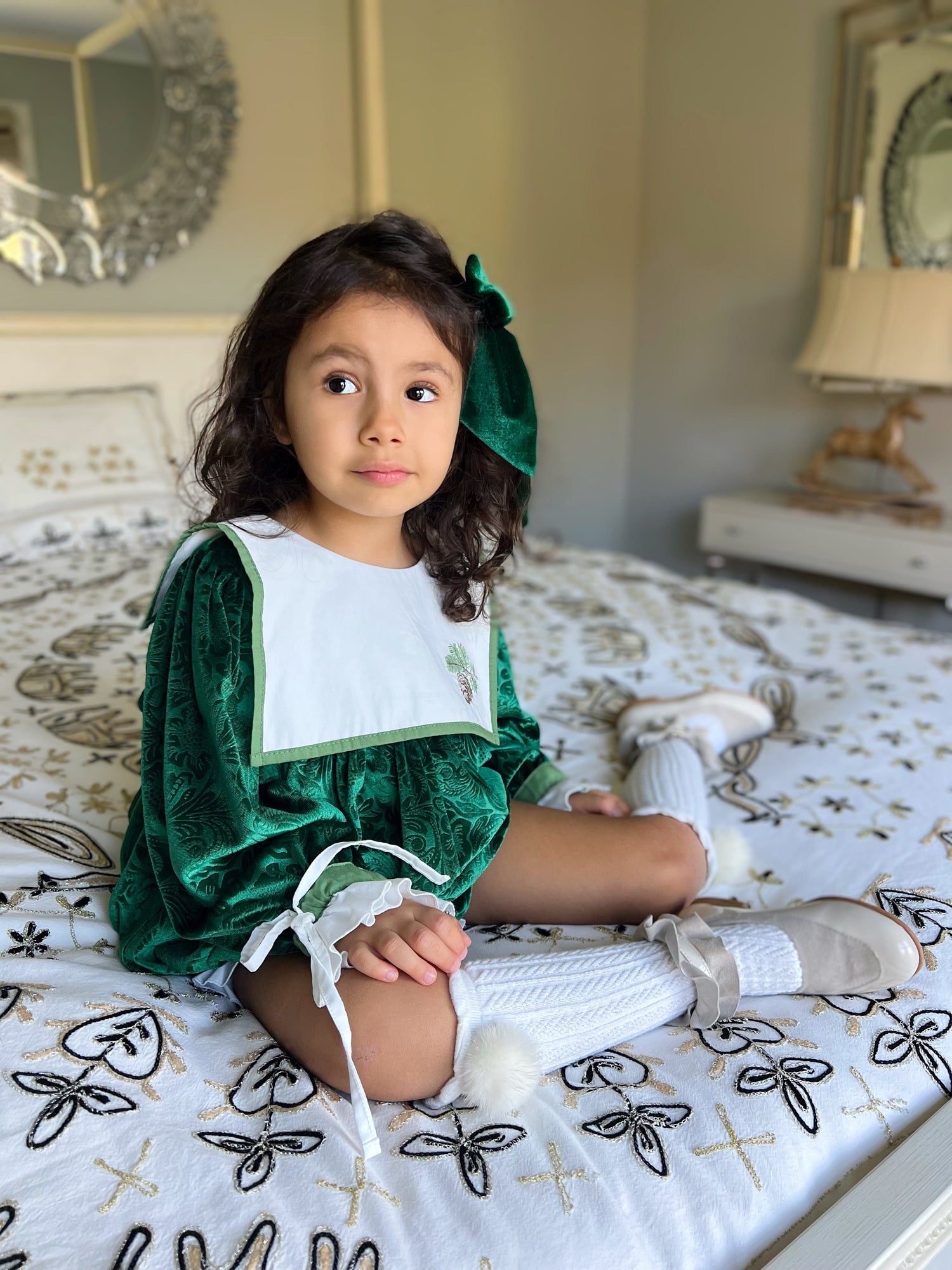 Baby Girls | Everly Damask Velour Romper | Green