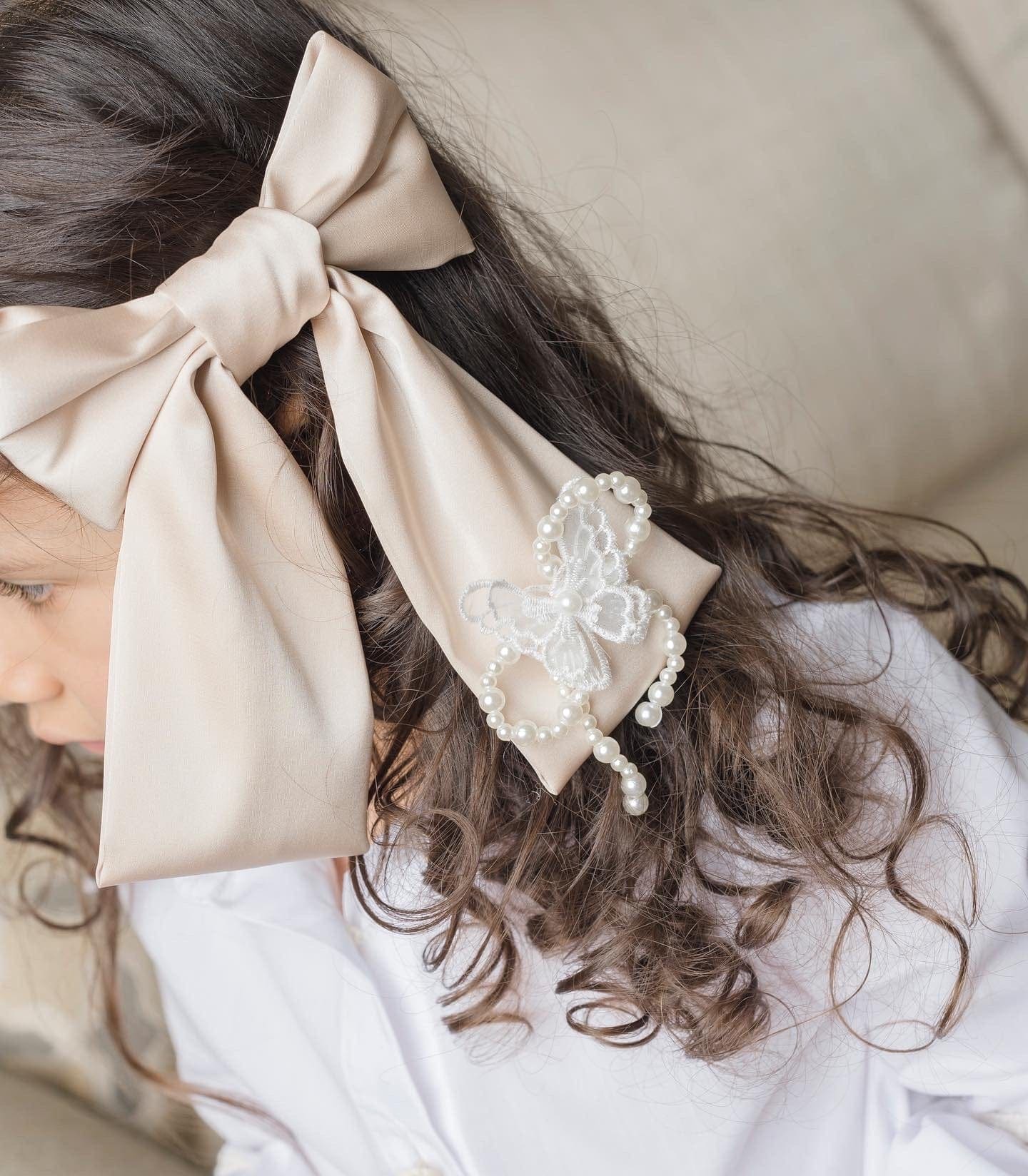 Anise Satin Embroidered Hair Bows | Champagne