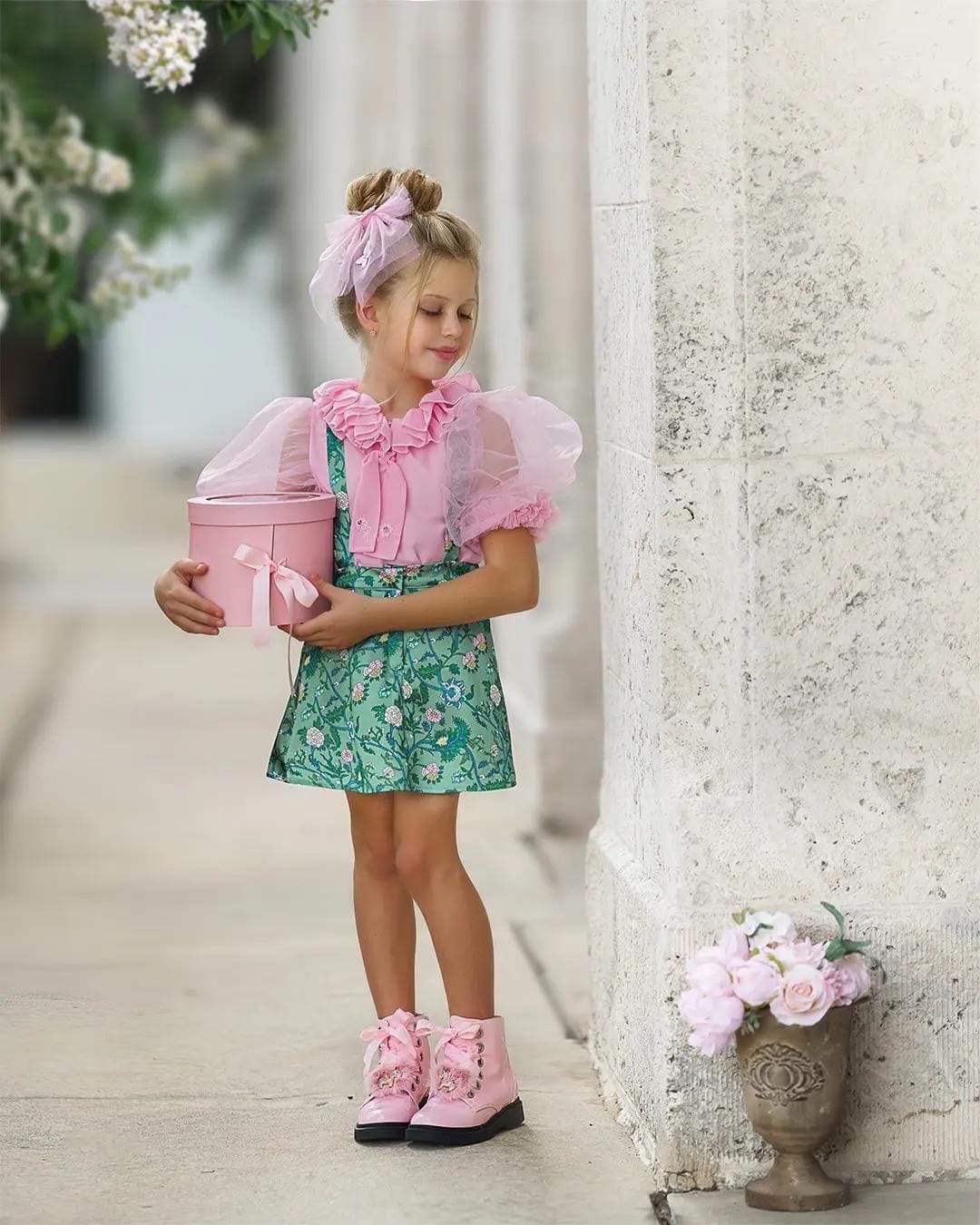 Baby Girls | Eva Skirt and Blouse and Floral Tulle Set | Pink & Green