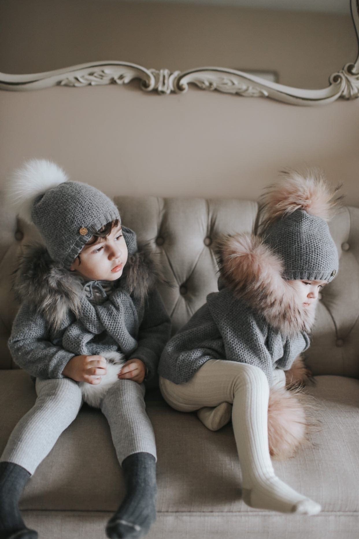 Baby Girls | Honeycomb Cashmere Beanie Hats Pom | Grey & Pink