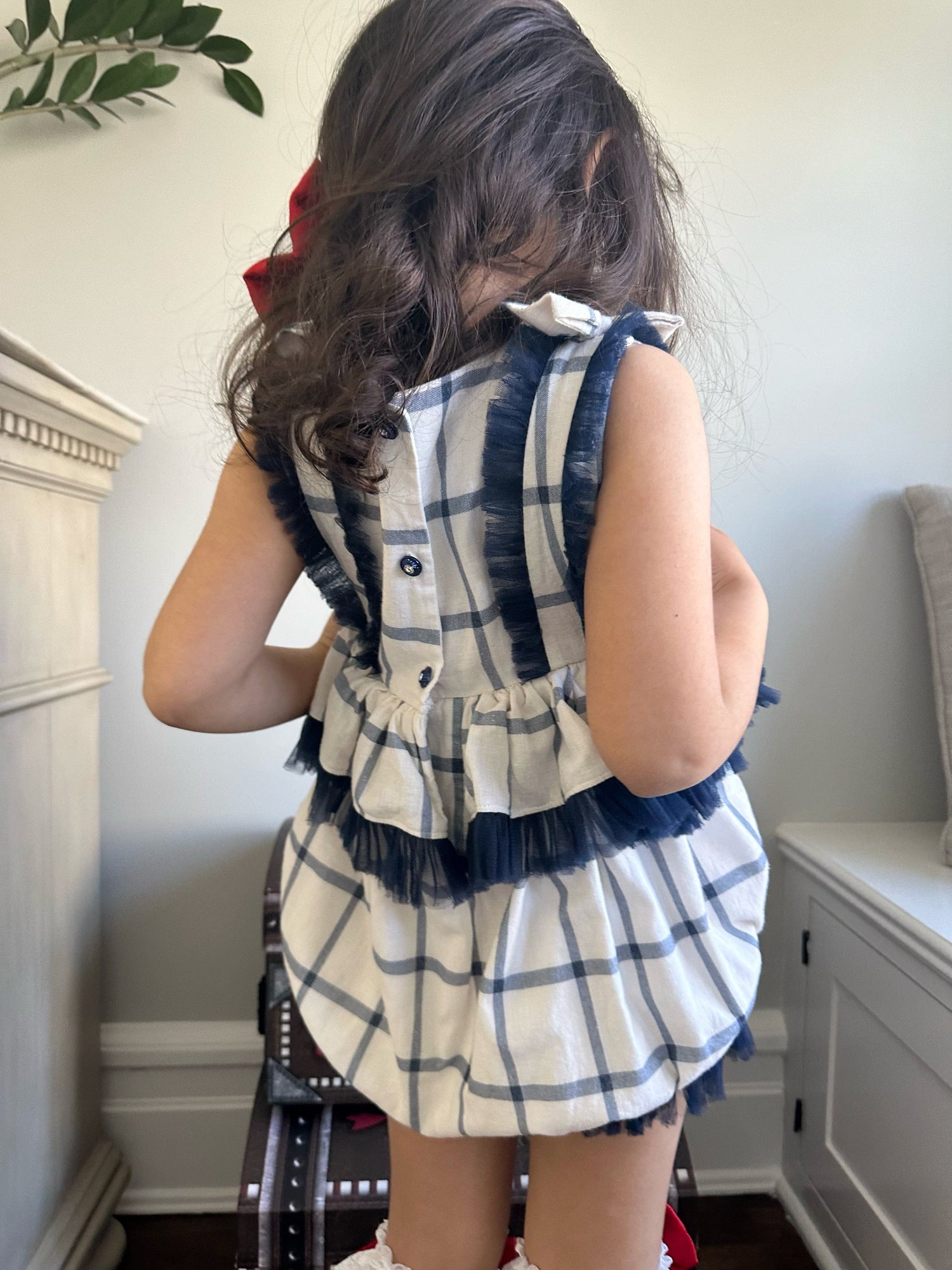 Baby Girls | Checkered Linen Ruffle Romper | White x Blue