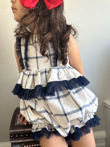 Baby Girls | Checkered Linen Ruffle Romper | White x Blue