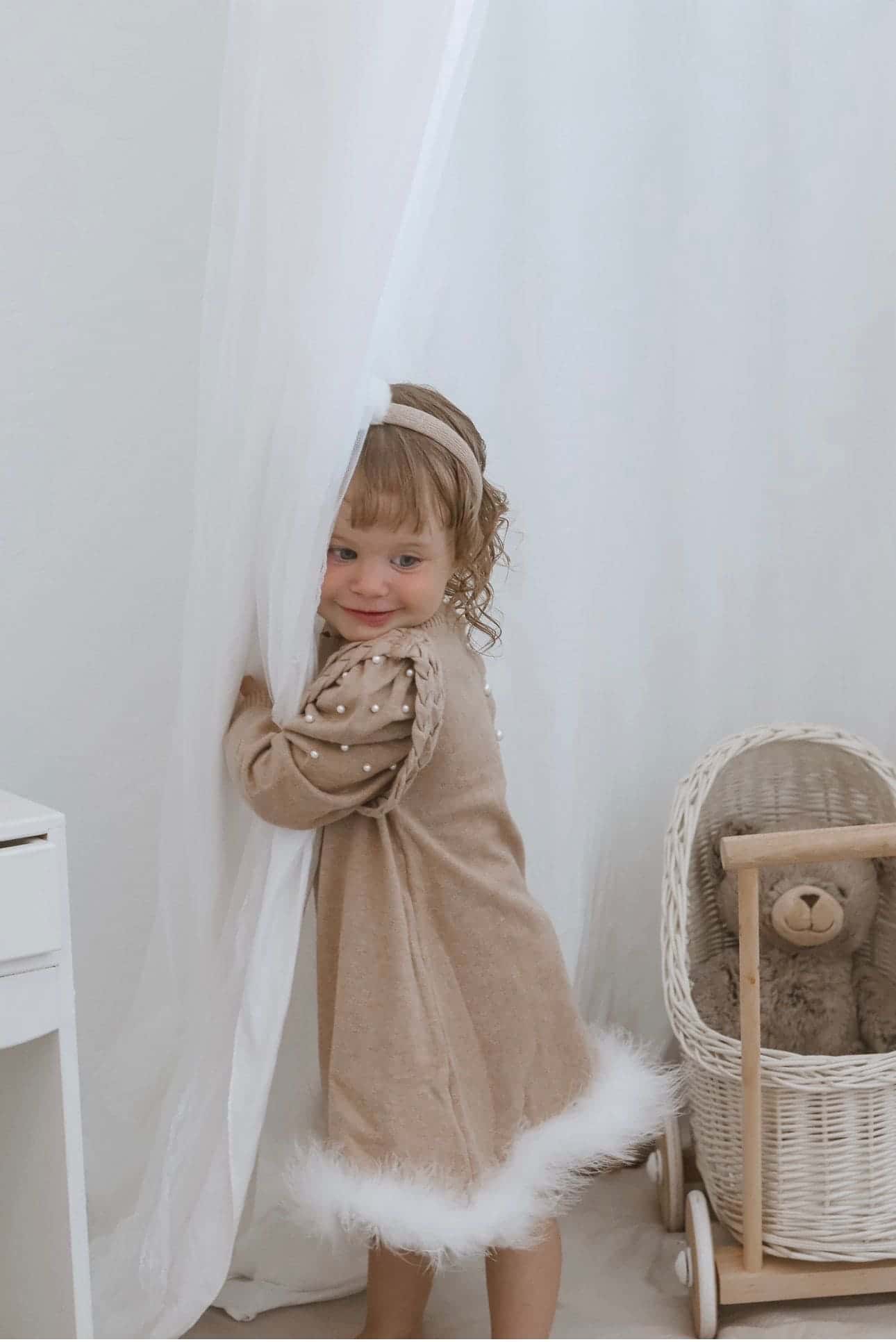 Baby Girls | Anna Knit Dress with Feathered Hem | Beige