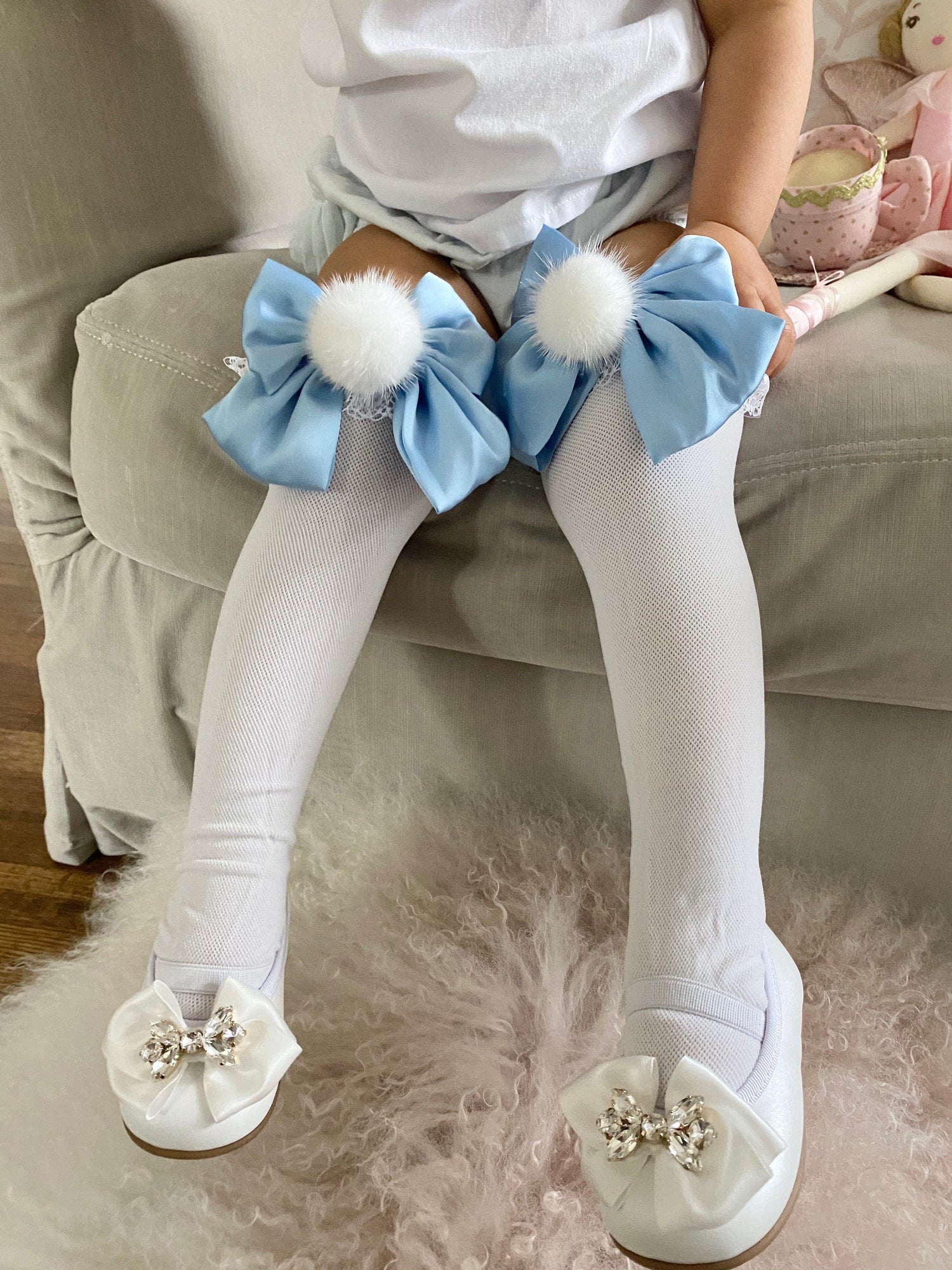 Lana Ruffle Socks with Poms and Bows Bow | Baby Blue