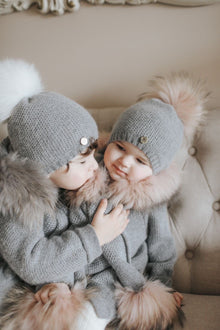 Baby Girls | Honeycomb Cashmere Beanie Hats Pom | Grey & Pink