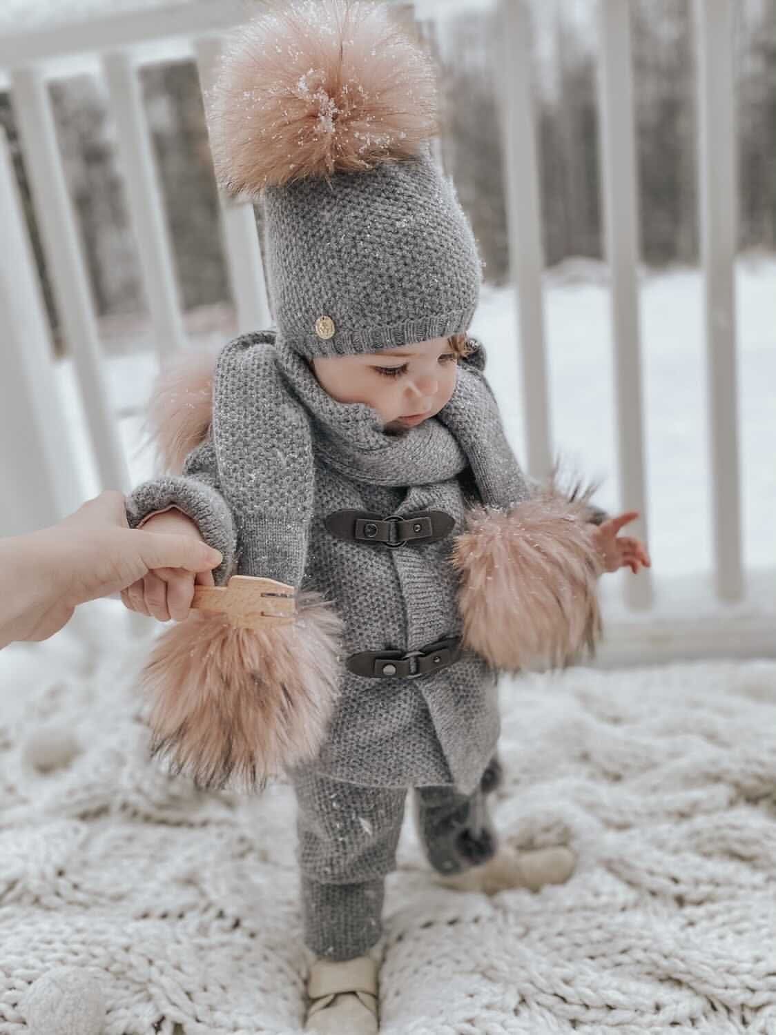 Baby Girls | Honeycomb Cashmere Beanie Hats Pom | Grey & Pink