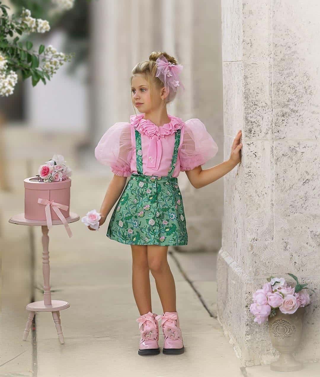 Baby Girls | Eva Skirt and Blouse and Floral Tulle Set | Pink & Green