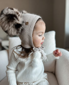 Baby Unisex | Honeycomb Cashmere Bonnet with Animal Print Poms | Beige